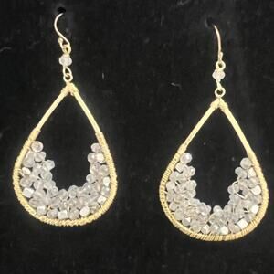 Vintage Handcrafted Rose & Silver Beaded Dangle Teardrop Goldtone Hoop Earrings